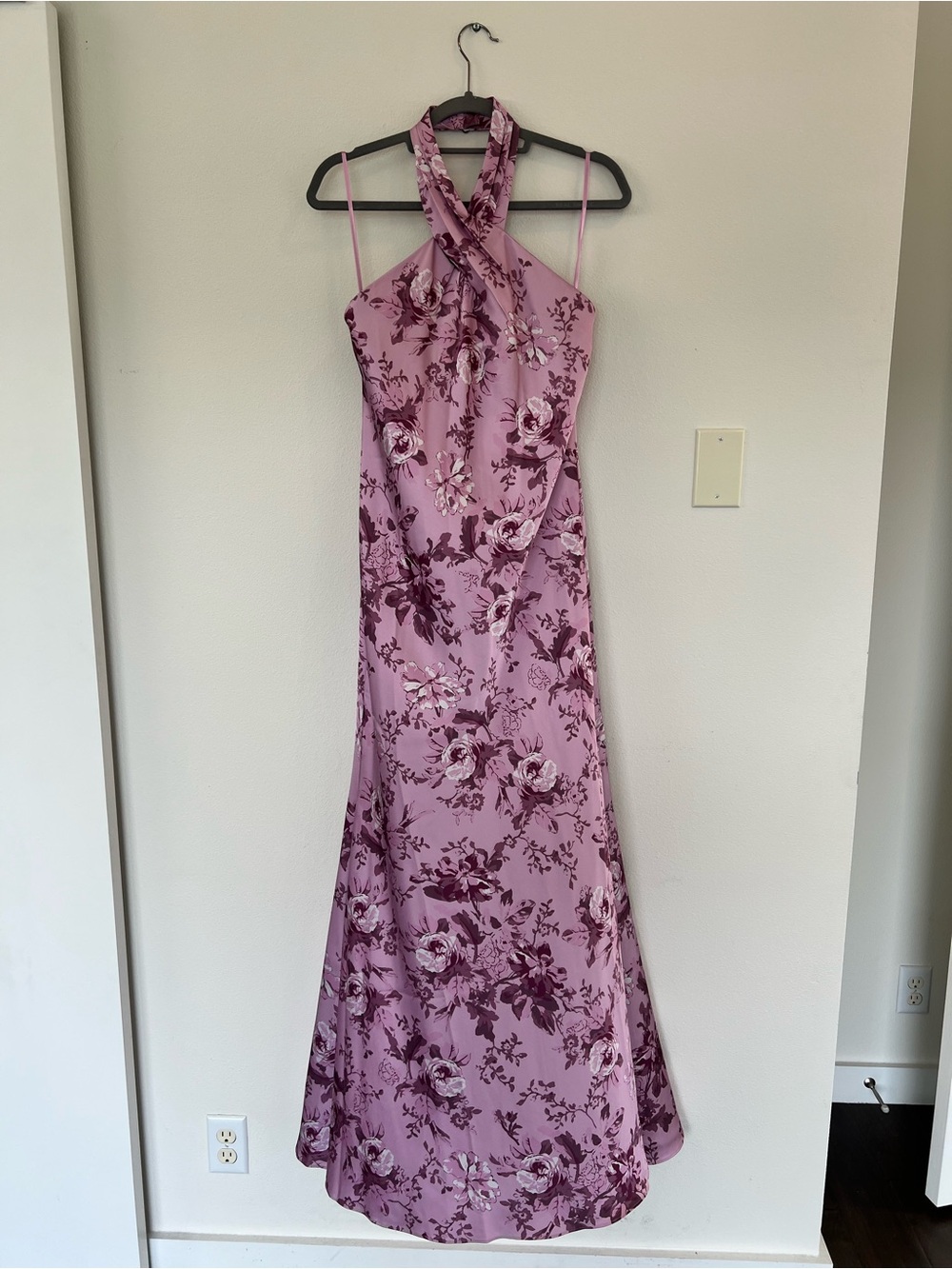 BHLDN Ruby Twist Halter Satin Gown - Lilac Pink Peony Bouquet US 6